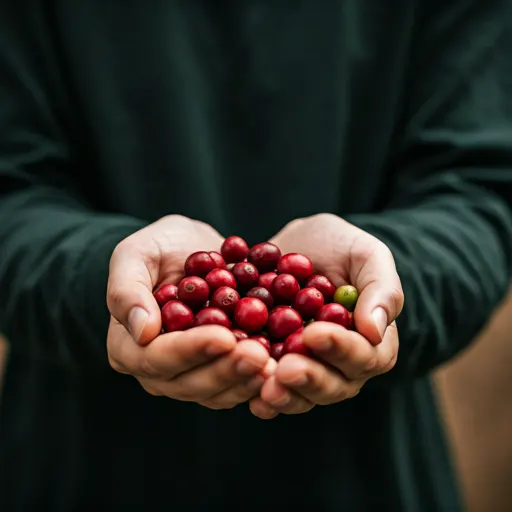 Hands holding fresh red coffee cherries